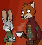 anthro beverage clothing duo female holidays male red_background simple_background sweater topwear turtleneck anothercolouranon disney zootopia judy_hopps nick_wilde canid canine fox lagomorph leporid mammal rabbit red_fox true_fox