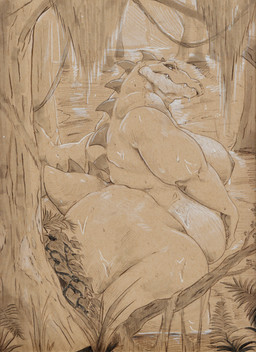 anthro belly big_breasts big_butt breasts butt female huge_breasts huge_butt huge_hips huge_thighs nipples non-mammal_breasts non-mammal_nipples nude overweight overweight_anthro overweight_female plant scales sharp_teeth side_belly solo swamp teeth thick_thighs tree ventral_scales wet wet_body wet_scales wide_hips whorgi crocodile crocodilian reptile scalie 2023 hi_res traditional_media_(artwork)