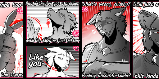angry anthro argument bottomwear chest_fur claws clothing comic_panel creepy_smile denim denim_bottomwear denim_clothing dialogue female finger_claws group inner_ear_fluff jacket jeans male mischievous_smile motion_lines pants red_background red_eyes sharp_teeth simple_background slightly_chubby slightly_chubby_female slim_male smile teeth text thick_thighs topwear trio tuft white_background worried worried_face softbunnyhouse fatima_coco mia_mouse equid equine horse hyena lagomorph mammal absurd_res black_and_white comic digital_drawing_(artwork) digital_media_(artwork) english_text hi_res monochrome multiple_scenes