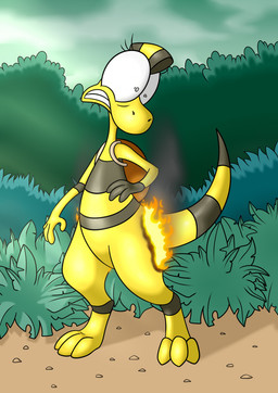 anthro backpack black_body burning butt_on_fire clenched_teeth eyelashes female fire markings pain plant shrub smoke solo striped_markings striped_tail stripes tail tail_markings teeth yellow_body hot_rolls zniw_adventure zniw dinosaur prehistoric_species reptile scalie unknown_species digital_media_(artwork) hi_res