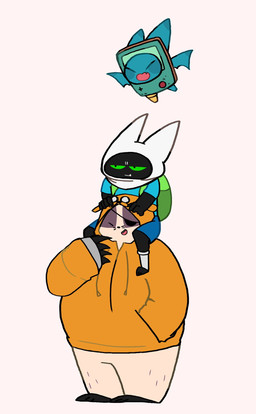anthro backpack black_body black_clothing black_footwear black_fur black_shoes blue_bottomwear blue_clothing blue_shirt blue_shorts blue_t-shirt blue_topwear bottomwear carrying_another clothed clothing cosplay digitigrade eye_patch eyes_closed eyewear flying footwear front_view frown fully_clothed fur green_backpack green_eyes group hoodie on_shoulders open_mouth orange_clothing orange_hoodie orange_topwear pants shirt shorts simple_background standing t-shirt topwear white_background white_bottomwear white_clothing white_pants mitani01 adventure_time cartoon_network mao_mao:_heroes_of_pure_heart adorabat badgerclops bmo finn_the_human jake_the_dog sheriff_mao_mao_mao badger bat domestic_cat felid feline felis mammal mustelid musteline hi_res