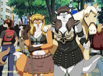 ambiguous_gender anthro armor big_breasts blonde_hair breasts brown_hair building cosplay female feral fur grey_body grey_fur group hair male multicolored_body multicolored_fur navel orange_body orange_fur plant tree two_tone_body two_tone_fur white_body white_fur xxsparcoxx capcom resident_evil xena:_warrior_princess claire_redfield gabrielle_(xena) michelle_(xxsparcoxx) sophia_(xxsparcoxx) xena_(xena:_warrior_princess) canid canine canis equid equine fox horse mammal wolf 2015 digital_media_(artwork)