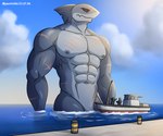 abs anthro big_pecs grey_body macro male multicolored_body muscular muscular_anthro muscular_male navel nipples nude nude_anthro nude_male outside pecs pier red_eyes scar seascape simple_background sky solo two_tone_body water alkan fish mackerel_shark marine megalodon prehistoric_species shark 6:5 absurd_res half-length_portrait hi_res portrait