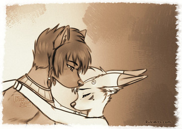 anthro dipstick_ears ear_markings eyes_closed hug love male markings multicolored_ears side_view rukifox jarit_(rukifox) louis_(rukifox) canid canine fennec_fox fox mammal true_fox sketch
