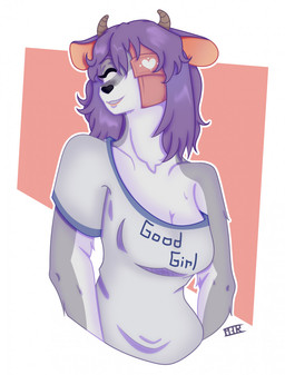 2_horns anthro arms_bent bandage_over_eye bangs biped black_nose breasts brown_horn cleavage clothed clothing eyebrows eyelashes eyes_closed female female_anthro fur grey_body grey_clothing grey_fur grey_shirt grey_topwear hair happy horn light lips medium_breasts medium_hair multicolored_body multicolored_fur open_mouth open_smile outline purple_ears purple_eyebrows purple_hair shirt simple_background smile solo tan_inner_ear tan_lips text text_on_clothing text_on_shirt text_on_topwear thick_bottom_lip topwear two_tone_body two_tone_fur white_body white_fur white_outline monstergirlreality rila_deathbloom bovid caprine goat mammal 2021 colored digital_drawing_(artwork) digital_media_(artwork) english_description english_text hi_res lighting shaded signature