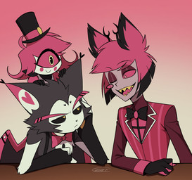 anthro antlers carrying_another clothing eyewear feathered_wings feathers female group hat headgear headwear horn maid_uniform male monocle on_head suspenders top_hat trio uniform wings enaic31 hazbin_hotel hellaverse alastor_(hazbin_hotel) husk_(hazbin_hotel) niffty_(hazbin_hotel) animal_humanoid cyclops deer deer_humanoid demon demon_humanoid domestic_cat felid feline felis humanoid mammal mammal_humanoid hi_res