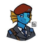 anthro beret blue_body blue_eyes blue_scales clothing frill_(anatomy) hat headgear headwear male necktie scales smile solo suit uniform emilitia_ennehrt space_station_13 srusu_rskuzu_(character) lizard reptile scalie unathi 1:1 bust_portrait hi_res portrait