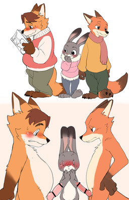 animal_genitalia animal_penis anthro balls blush bulge canine_genitalia canine_penis censor_bar claws clothed clothing comparing comparing_penis duo embarrassed erection erection_under_clothing female genitals ineffective_censorship knot male nude penis penis_awe penis_size_difference scarf simple_background slightly_chubby sweater topwear white_background manmosu_marimo disney zootopia gideon_grey judy_hopps nick_wilde canid canine fox lagomorph leporid mammal rabbit red_fox true_fox 2018 censored