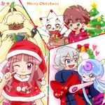 anthro bow_ribbon brown_hair cake christmas_clothing christmas_headwear clothing dessert female food fur group hair hair_over_eyes hat headgear headwear holidays long_ears long_hair male ponytail_ears roll_cake santa_hat yellow_body yellow_fur yule_log hamu_ym bandai_namco christmas digimon digimon_ghost_game angoramon_(ghost_game) gammamon_(ghost_game) hiro_amanokawa jellymon_(ghost_game) kiyoshiro_higashimitarai ruri_tsukiyono angoramon digimon_(species) gammamon human humanoid jellymon lagomorph leporid mammal rabbit 1:1