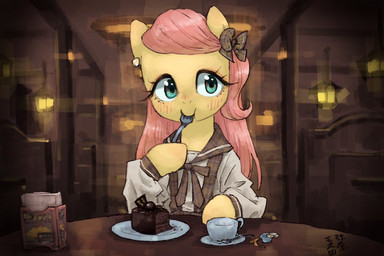 blush bow_ribbon cake_slice chair clothing coffee_cup container cup cutlery eating eating_food female feral fork furniture glistening glistening_eyes hair kitchen_utensils on_chair pink_hair restaurant school_uniform sitting sitting_on_chair solo spoon tools uniform yellow_body yanamosuda friendship_is_magic hasbro my_little_pony fluttershy_(mlp) equid equine horse mammal pony