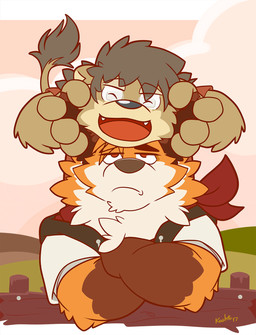 4_fingers anthro biped brown_body brown_eyebrows brown_fur chest_tuft clothed clothing cloud countershade_torso countershading crossed_arms detailed_background duo ear_grab eyebrows eyes_closed eyewear fangs fence fingers front_view fur glasses gloves_(marking) grabbing_both_ears grey_mane grumpy hands_on_ears happy head_tuft hoodie inner_ear_fluff leg_tuft looking_up male mane markings multicolored_body multicolored_fur open_mouth open_smile orange_body orange_fur outside red_clothing red_eyes red_shirt red_topwear shirt sky smile standing tail tail_tuft teeth text tongue toony topwear tuft white_body white_clothing white_countershading white_fur white_topwear yellow_text kaohto damaku kaohto_(character) bear canid canine felid fox hybrid lion mammal pantherine 2017 dated digital_drawing_(artwork) digital_media_(artwork) hi_res signature
