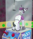 arcade arcade_machine bdsm bondage bound coin_slot contained erection erotic_arcade_machine gag gagged humiliation improvised_gag joystick machine male milking_machine nude public_use pushbutton restrained ticket torture herseio canid canine fox hybrid mammal hi_res