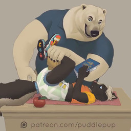 5_fingers ageplay anal anal_fingering anal_penetration anthro apple aroused big_diaper biped black_body black_fur black_nose blue_eyes changing_table clean_diaper clothed clothing diaper duo fingering fingers food footwear fruit fur infantilism male multicolored_body multicolored_fur orange_clothing orange_shirt orange_topwear penetration pink_nose plant reading roleplay shirt shoes simple_background size_difference sneakers surprised text topwear wearing_diaper white_body white_fur puddlepup bear mammal mephitid polar_bear skunk ursine 1:1 animated digital_media_(artwork) no_sound short_playtime url video