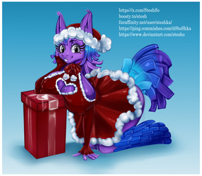 5_fingers anthro arm_support big_breasts blue_body blue_hair blue_tail border bow_(feature) box breasts buckteeth christmas_clothing christmas_headwear cleavage_cutout clothing container cutout dress ear_tuft eyelashes female female_anthro fingers fluffy fluffy_tail gift_box gift_wrapped grey_eyes hair hand_on_ground hat headgear headwear holidays kneeling leg_markings markings pinata pom_hat purple_body purple_breasts santa_dress santa_hat side_boob socks_(marking) solo tail teeth tuft white_border steshka christmas epic_games fortnite animate_inanimate living_pinata mammal absurd_res hi_res