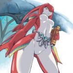 book breasts featureless_crotch female jewelry low-angle_view nipple_outline solo yellow_eyes monbetsu_kuniharu breath_of_the_wild nintendo the_legend_of_zelda laflat animal_humanoid humanoid marine marine_humanoid zora 1:1 2019