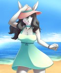 anthro beach black_hair black_nose breasts choker clothing cloud day dress female fur green_clothing green_dress green_eyes grey_body grey_fur hair hand_on_hat jewelry looking_aside necklace outside seaside solo summer_hat water articaartes emerald_verdania lagomorph leporid mammal rabbit 2022 digital_media_(artwork) hi_res