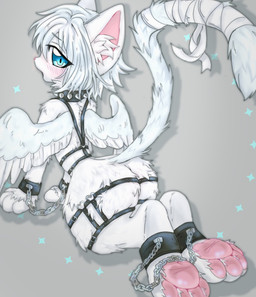 anthro black_collar black_harness blue_eyes blue_hair blue_tail blue_wings blush bound butt_tuft chain chained collar cuff_(restraint) femboy fur grey_background hair harness kemono light_hair light_tail light_wings male metal_cuffs open_mouth pawpads pink_inner_ear pink_pawpads restrained restraints simple_background solo spiked_collar spikes tail tuft two_tone_wings white_body white_fur wings somberpaw domestic_cat felid feline felis mammal 2023 digital_media_(artwork) hi_res