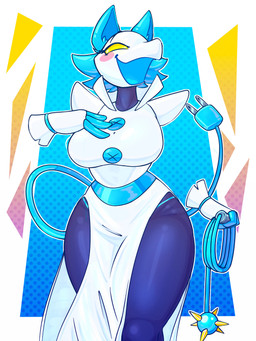 anthro big_breasts blue_hair blush blush_stickers breasts clothed clothing dress empty_eyes female floating_hands hair holding_object holding_whip machine open_mouth solo split_dress standing tail thick_thighs whip white_clothing white_dress wide_hips yellow_eyes 87_god deltarune undertale_(series) tasque_manager android darkner felid feline mammal robot 3:4 hi_res