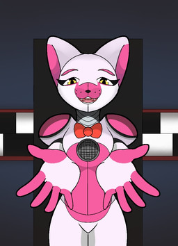 anthro bow_tie breasts female freckles joyful looking_at_viewer machine multicolored_body open_mouth open_smile reaching_towards_viewer sharp_teeth smile solo speaker teeth white_body yellow_eyes skade_(artist) skade_nsfw_(artist) five_nights_at_freddy's scottgames sister_location funtime_foxy_(fnaf) animatronic canid canine fox mammal robot