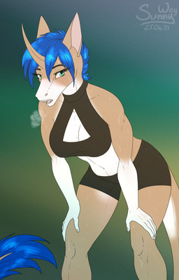 anthro bodily_fluids bottomwear bra breasts cleavage_cutout clothed clothing cutout equis_universe fangs female hair looking_at_viewer muscular open_mouth running shorts simple_background solo sweat teeth topwear training underwear wet sunny_way kelasia_fellais ki'rinaes 2021 digital_drawing_(artwork) digital_media_(artwork) hi_res