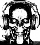 bone cybernetics electronics endoskeleton headphones looking_at_viewer machine male not_furry skull solo unknown_artist terminator_(franchise) android cyborg robot t-800_series_(terminator) terminators_(terminator) black_and_white headshot_portrait monochrome portrait