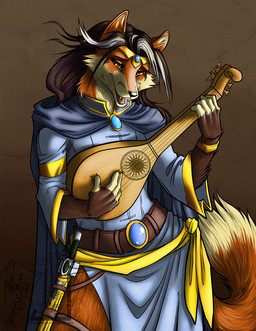 ambiguous_gender anthro clothed clothing fur hair holding_musical_instrument holding_object lute mandolin musical_instrument open_mouth playing_music plucked_string_instrument smile solo standing string_instrument cybercat canid canine fox mammal hi_res