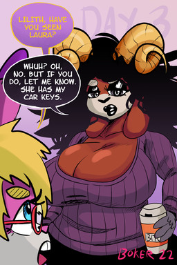 anthro big_breasts black_hair black_speech_bubble blonde_hair breasts brown_body brown_fur cleavage clothed clothing coffee_cup container cup curly_hair dialogue duo eyewear female floppy_ears fur glasses grey_eyes hair huge_breasts lips long_hair pink_body pink_fur purple_body purple_clothing purple_fur purple_speech_bubble purple_sweater purple_topwear red_eyewear red_glasses speech_bubble sweater text topwear boker lilith_(boker) mary_(boker) bovid caprine goat mammal 2:3 artist_name digital_media_(artwork) english_text