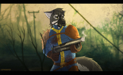 anthro armor biped blood bodily_fluids clothed clothing gas_mask gun half-closed_eyes leather male mask narrowed_eyes outside ranged_weapon shotgun solo standing weapon etsu_cuprumfox fallout microsoft ulrick_tha_wolf canid canine mammal hi_res