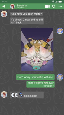 5_fingers anthro areola areola_slip bed bedroom bedroom_eyes between_breasts big_breasts blonde_hair blush blush_lines bodily_fluids body_blush book breast_blush breast_squish breasts butt butt_blush clothed clothing clothing_around_legs convenient_censorship cute_fangs dialogue dripping duo ear_piercing ear_tag emoji eyeshadow fangs female fingers foreshortening from_front_position furniture gesture glistening glistening_body glistening_breasts gradient_background green_eyes grey_hair hair hand_gesture hand_on_breast happy hat headgear headwear heart_eyes heart_symbol hearts_around_head holding_breast huge_breasts hyper hyper_breasts inside inviting legs_up looking_at_viewer lying makeup male mature_female missionary_position mostly_nude multicolored_body musk narrowed_eyes nude nurse nurse_clothing nurse_hat nurse_headwear on_back on_bed open_mouth panties panties_around_legs panties_down partially_clothed piercing pink_areola purple_background red_clothing red_eyes red_panties red_underwear seductive selfie sex simple_background smile squish sweat sweaty_breasts teeth text text_box two_tone_body underwear underwear_around_legs underwear_down user_interface v_sign white_body yellow_body johnmarten book_covering_breasts for_dummies whatsapp matte_(johnmarten) nurse_aloe savanna_(johnmarten) black-footed_cat domestic_cat felid feline felis mammal mouse murid murine rodent 4k 9:16 absurd_res cel_shading english_text hi_res meme portrait shaded three-quarter_portrait