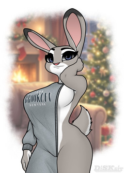 anthro blue_eyes breasts clothed clothing female fur grey_body grey_fur holidays multicolored_body multicolored_fur shirt solo text text_on_clothing text_on_shirt text_on_topwear topwear two_tone_body two_tone_fur underwear diskeit brooklyn_sweater christmas disney zootopia judy_hopps lagomorph leporid mammal rabbit 2025 digital_media_(artwork) english_text hi_res meme
