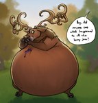 anthro antlers belly belly_jiggle berry big_belly brown_body brown_fur cheek_bulge dialogue eating fingers food fruit fur grass guilty hooved_fingers hooves horn huge_belly jelly_(food) jiggling looking_away male morbidly_obese morbidly_obese_anthro morbidly_obese_male motion_lines nude obese obese_anthro obese_male offscreen_character outside overweight overweight_anthro overweight_male plant solo speech_bubble standing text wide_eyed wide_hips sugarboy riverdance:_the_animated_adventure benny_(riverdance) deer mammal english_text hi_res