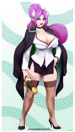 big_breasts biped bottomwear breasts clothed clothing ear_piercing ear_ring eyelashes female footwear front_view hair hand_on_hip high_heels holding_katana holding_melee_weapon holding_object holding_sword holding_weapon horn katana legwear looking_at_viewer melee_weapon piercing pupils purple_hair ring_piercing shirt shoes simple_background skirt smile solo sword thick_thighs thigh_highs topwear weapon nofuture horned_humanoid humanoid reptile scalie snake absurd_res hi_res
