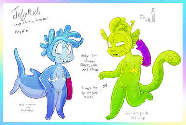 andromorph anthro belly big_clitoris bite_mark bite_mark_on_ear black_lips blue_arms blue_belly blue_ears blue_hair blue_hands blue_inner_ear blue_legs blue_neck blue_scar blue_tail candy clitoris dessert dwarfism eye_bags eyes_on_tail fangs feet food genitals glistening glistening_body green_arms green_belly green_body green_ears green_hair green_hand green_inner_ear green_legs green_neck green_paws green_tail gummy_(food) gummy_worm hair hand_on_hip hindpaw intersex lips mastectomy_scar multiple_forms neck_tuft non-mammal_mastectomy_scar nude pawpads paws pink_pawpads purple_arms scar shark_tail short solo sparkles tail tail_mouth teeth text tuft unusual_anatomy unusual_tail vulva white_eyes yellow_clitoris yellow_scar yellow_vulva plentyofsoup jellyroll_(plentyofsoup) aquatic bear fish food_creature gummy_creature hybrid living_candy mammal shark english_text handwritten_text model_sheet trans_(lore) trans_man_(lore)