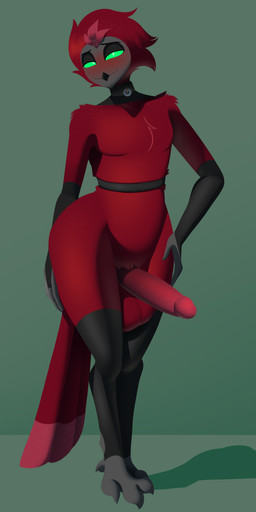anthro balls black_clothing black_fingerless_gloves black_gloves black_handwear black_leg_warmers black_legwear blush clothing collar d-ring erection femboy fingerless_gloves fur genitals glans gloves green_sclera hair handwear leg_warmers legwear lingerie male mostly_nude penis red_body red_fur red_hair solo tail torso_buckle wide_hips donya hellaverse fan_character ruax_(razorthefox) goetia owl_demon absurd_res hi_res