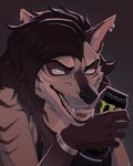 anthro beverage beverage_can black_hair blue_eyes brown_body brown_fur brown_markings fur hair long_hair looking_at_viewer male markings solo teeth orca24a monster_energy canid canine canis mammal wolf 4:5 hi_res