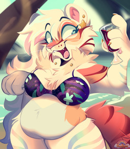 anthro belly big_belly blonde_hair blue_eyes blurred_background bottomless bra breasts cheek_tuft chest_tuft claws clothed clothing ear_piercing eyelashes facial_tuft fangs female fur hair holding_glass holding_object inner_ear_fluff long_eyelashes long_hair neck_tuft open_mouth orange_body orange_fur overweight piercing pink_nose pink_tongue smile solo tan_body tan_fur teeth thick_thighs tongue tuft underwear whiskers yellow_claws rose_puppies felid mammal pantherine tiger 2025 colored digital_drawing_(artwork) digital_media_(artwork) hi_res shaded