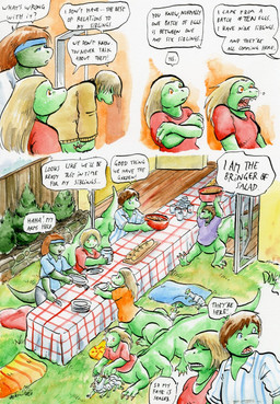 10_legs 3_toes 4_arms 4_fingers accessory annoyed anthro arms_down auburn_hair back_groove barefoot bedding big_hands blanket blonde_hair blue_blanket blue_clothing blue_eyes blue_headband blue_shirt blue_t-shirt blue_topwear bodily_fluids bottomless bottomwear bread brick brick_wall brown_hair building claws clothed clothing container crossed_arms cup cutlery cutting_board day dialogue dirt door doorway dot_eyes earless exasperated excited eyes_closed family family_bonding feet female fence fingers floor folding_door food fork furniture gesture glass glass_door grass green_body grey_bottomwear grey_clothing grey_pants group hair hand_gesture hand_holding head_down headband hiding holding_another holding_object house inside jewelry kitchen_utensils knife long_hair looking_aside looking_at_another looking_back looking_down male multi_arm multi_leg multi_limb necklace open_door open_mouth orange_clothing orange_eyes orange_shirt orange_t-shirt orange_topwear orange_wall outside pants pattern_clothing pattern_shirt pattern_t-shirt pattern_topwear paws plant plate playful playing purple_clothing purple_shirt purple_t-shirt purple_topwear raised_arms red_blanket red_bowl red_clothing red_shirt red_t-shirt red_topwear saliva sharp_teeth shirt shocked short_hair short_tail shrub side_view simple_background simple_eyes smile snout soup speech_bubble sprawling_gait standing straight_hair striped_blanket t-shirt table tablecloth tail tapering_tail teeth text thick_tail toes tongue tools topwear vocalization walking wall_(structure) white_background white_bottomwear white_clothing white_hair white_shirt white_t-shirt white_topwear window wood wood_fence wood_floor yellow_claws yellow_clothing yellow_shirt yellow_t-shirt yellow_topwear yellow_wall young young_female young_male young_taur cervelet crystal_(growing_troubles) james_(growing_troubles) kazuli_(growing_troubles) liz_(growing_troubles) maria_(growing_troubles) miles_(growing_troubles) nia_(growing_troubles) triplets_(growing_troubles) zil_(growing_troubles) zillie_(growing_troubles) lizard lizard_taur long_taur reptile reptile_taur scalie scalie_taur taur 2020 comic english_text handwritten_text multiple_scenes painting_(artwork) shaded signature traditional_media_(artwork) traditional_painting_(artwork) traditional_watercolor_(artwork) watercolor_(artwork) brother_(lore) brother_and_sister_(lore) daughter_(lore) father_(lore) father_and_child_(lore) father_and_daughter_(lore) grandchild_(lore) grandfather_(lore) grandmother_(lore) grandparent_(lore) grandparent_and_grandchild_(lore) mother_(lore) mother_and_child_(lore) mother_and_daughter_(lore) mother_and_son_(lore) parent_(lore) parent_and_child_(lore) parent_and_daughter_(lore) parent_and_son_(lore) sibling_(lore) sister_(lore) sisters_(lore) son_(lore) triplets_(lore) twins_(lore)