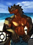 anthro arm_on_object beach countershading detailed_background male muscular sea seaside shirtless solo water behemoth89 grim_(grimsaurus) ceratosaurid ceratosaurus dinosaur prehistoric_species reptile scalie theropod hi_res