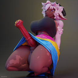 animal_genitalia animal_penis anthro balls bottomwear brown_body brown_fur clothed clothing ear_piercing equine_genitalia equine_penis fur genitals gynomorph hair happy horn intersex lgbt_pride looking_at_viewer no_bra pansexual_pride_clothing penis piercing raised_bottomwear raised_clothing raised_skirt skirt solo vitiligo white_hair wool_(fur) zelferry lgbt_pride_month sloane_(zelferry) bovid caprine goat mammal 3d_(artwork) blender_(artwork) blender_cycles_(artwork) digital_media_(artwork) hi_res signature