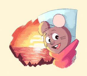 anthro biped brown_body chibi clothed clothing smile solo sun sunset water hikari_gamba gamba_no_bouken gamba_no_bouken_(series) chuuta mammal mouse murid murine rodent 2023