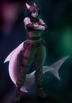 anthro belt_pouch black_hair boots clothed clothing combat_boots crossed_arms dog_tags elbow_pads female footwear grey_body gun hair muscular ranged_weapon scarf shoes sneer solo stripes weapon chromakoros natalie_(pipthecowboy) fish marine shark absurd_res hi_res