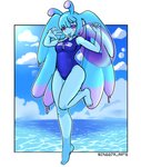 biped blue_body breasts clothing female gesture hand_gesture not_furry one-piece_swimsuit outside pool_toy seascape sky slime solo swim_ring swimwear v_sign water conditional_dnp ineedanaccount goo_creature goo_humanoid humanoid hi_res