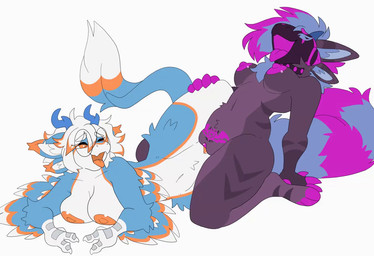4_ears anthro arm_support big_tail blue_body blue_hair blue_horn blue_tail breast_rest breasts breasts_on_ground chevron_(marking) clitoris collar duo eye_contact eyewear eyewear_only feather_hair feathers female female/female female_anthro fluffy fluffy_tail forked_horn genitals glasses glasses_only grey_body hair hand_on_another's_thigh hand_on_leg hand_on_thigh hands_on_ground horn huge_tail looking_at_another looking_at_partner looking_pleasured machine markings monotone_background multi_ear nipples nude open_mouth orange_clitoris orange_eyes orange_mouth orange_nipples orange_tongue pink_clitoris pink_mouth pink_nipples pink_tail pink_tongue protogen_visor pseudo_hair scissor_position scuted_hands scutes sex simple_background spiked_collar spikes striped_markings striped_tail striped_thighs stripes tail tail_markings tongue tongue_out tribadism vaginal wearing_glasses white_background white_body white_hair winged_arms wings womb_tattoo pilvi_owo creo_nguyen avali protogen 2026 animated character_request loop no_sound seamless_loop short_playtime video