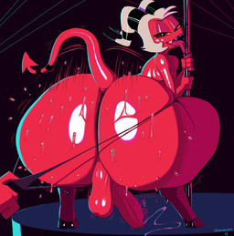 backsack balls bedroom_eyes big_butt bodily_fluids bouncing_butt butt clothing crouching dancing femboy foreskin genital_fluids genitals hair half-closed_eyes hood horn huge_butt licking looking_at_viewer looking_back male male_stripper motion_lines narrowed_eyes panties penis pole pole_dancing precum red_body red_skin seductive shaking_butt solo spade_tail stripper stripper_pole sweat tail thick_thighs thong tongue tongue_out twerking underwear white_hair wide_hips dracreloaded hellaverse helluva_boss moxxie_(helluva_boss) demon demon_humanoid humanoid imp tailed_humanoid hi_res