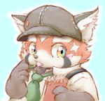 anthro biped black_body black_fur blush clothing fur hat headgear headwear humanoid_hands kemono male necktie orange_body orange_fur shirt simple_background solo topwear phantmail8 lifewonders tokyo_afterschool_summoners zhurong_(tas) ailurid mammal red_panda 2021 half-length_portrait portrait