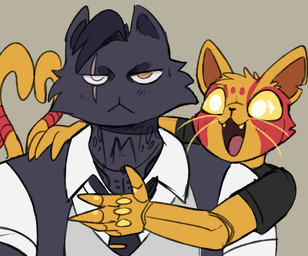 anthro black_hair black_markings clothed clothing duo front_view fur grey_body grey_fur grumpy hair head_tuft looking_at_viewer male markings mouth_closed narrowed_eyes open_mouth open_smile red_markings short_hair smile tuft yellow_body yellow_eyes yellow_fur swampjaws epic_games fortnite meowdas nyanja_(fortnite) felid feline mammal