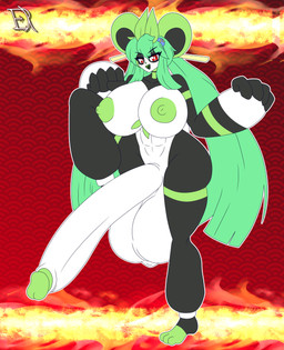 anthro balls big_balls big_breasts big_penis black_body breasts genitals green_hair green_nipples gynomorph hair huge_balls huge_breasts huge_penis humanoid_genitalia humanoid_penis hyper hyper_balls hyper_genitalia hyper_penis intersex leaf leaf_on_head mai_(derthevaporeon) nipples penis red_eyes solo white_body derthevaporeon palworld pocketpair bear giant_panda leafan_(pal) mammal pal_(species) absurd_res hi_res