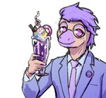 2024 anthro beverage blush business_suit clothing digital_drawing_(artwork) digital_media_(artwork) dinosaur drinking_straw dromaeosaurid eyewear fingers glasses goodbye_volcano_high hair looking_at_viewer male microraptor milkshake necktie pink_eyes prehistoric_species purple_hair reptile sage_(gvh) scales scalie sheglech short_hair simple_background smile snout solo suit tan_body tan_scales theropod white_background