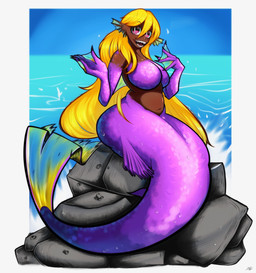 belly big_breasts blonde_hair breasts dark_body dark_skin featureless_breasts female fin hair long_hair looking_at_viewer membrane_(anatomy) mermaid_tail navel outdoor_background pink_eyes purple_body rock sea sharp_teeth sitting sitting_on_ground slightly_chubby slightly_chubby_female smile smiling_at_viewer solo split_form teeth water webbed_hands it_doodles jackie_nunez humanoid marine merfolk siren digital_drawing_(artwork) digital_media_(artwork) english_description hi_res