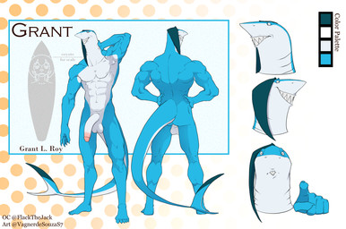 abs anthro athletic balls big_penis blue_body circumcised circumcision_scar fin fin_hair genital_scar genitals glans hand_on_neck hands_on_hips humanoid_genitalia humanoid_penis male multicolored_body muscle_tone muscular nipples nude penis pseudo_hair raised_arm scar smile solo standing text two_tone_body white_body vagnerdesouzas7 grant_(wsad) aquatic blue_shark fish requiem_shark shark english_text hi_res model_sheet